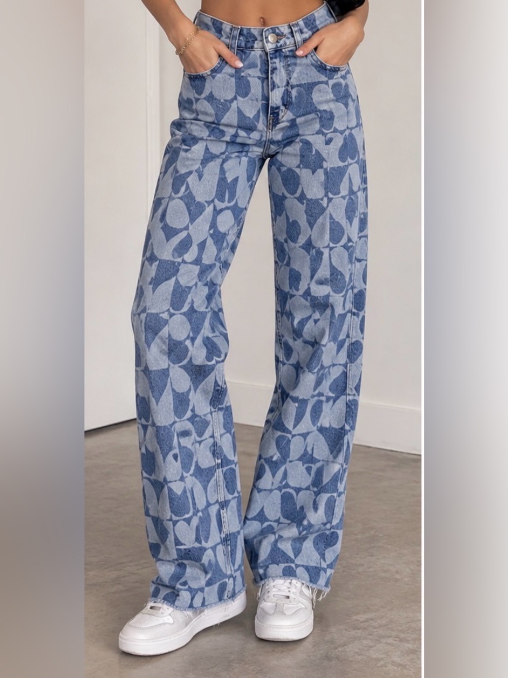 Pull&Bear Heart Print Jeans Indie Y2K 2000’s US 2 Blue High Rise Wide Leg